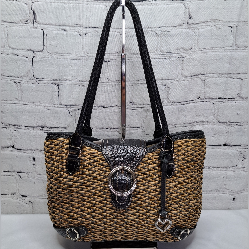 BRIGHTON LEATHER BRAIDED WEAVE-WOVEN SHOULDER BAG DOUBLE-STRAP